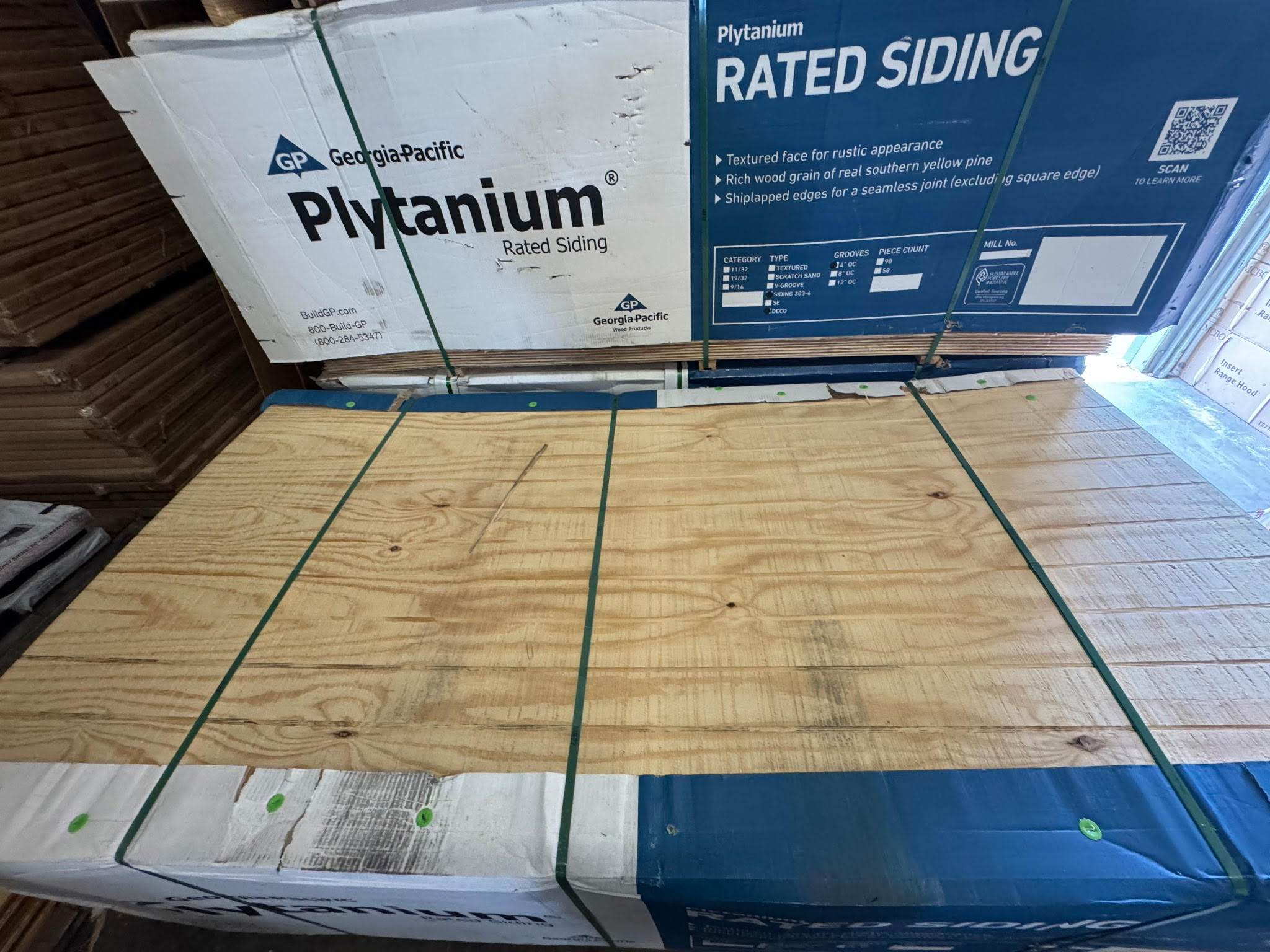 James Hardi cement siding 4x8 and 4x10. Different textures like cedarmil, smooth, grooved.